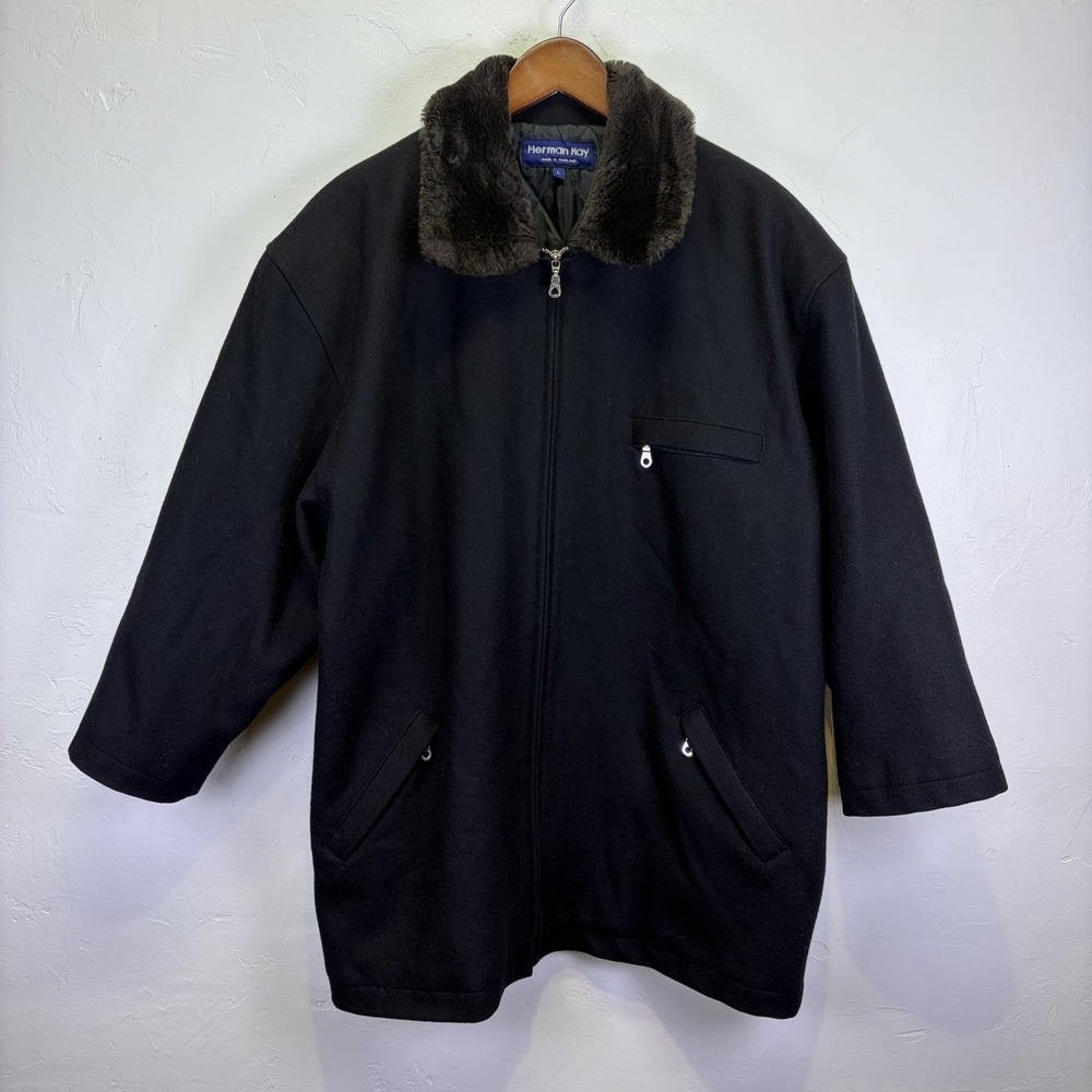 Vintage Herman Kay Wool Blend Woman's Coat Size L Black Faux Fur Collar Classic